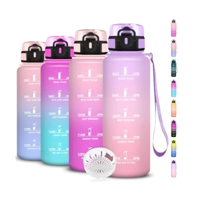 Abbildung von Trinkflasche 1.5l, Wasserflasche Sport, Erwachsene, Auslaufsicher, mit Zeitmarkierung und Filter, Leicht zu Reinigen, für Fitness, Fahhrad, Büro, Gym, Camping, Running