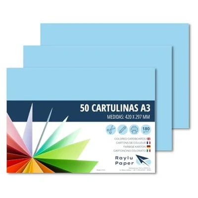Abbildung von RAYLU PAPER Tonpapier A3, 50 Stück Kartonpapier 180g/m², 297 x 420 mm, professionelle farbige Kartons für Büro, Kopierpapier, Buntes Papier zum Basteln (Himmelblau)