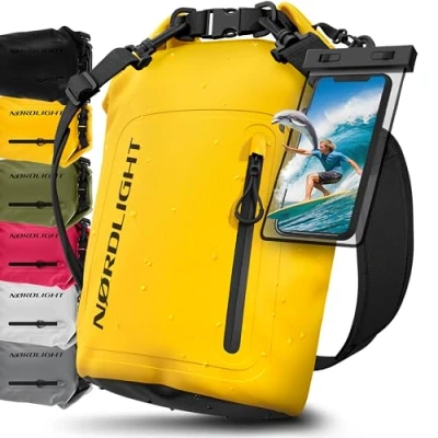 Abbildung von Nordlight Dry Bag wasserdichte Tasche mit Handyhülle + Roll Top, Schultergurt Drybag wasserfester Rucksack Beutel Packsack Seesack Wassersack Wetbag Baden Schwimmen Strand SUP Gelb, 20 Liter