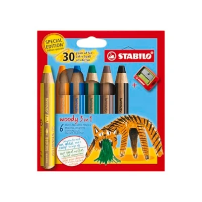 Abbildung von STABILO Buntstift, Wasserfarbe &amp; Wachsmalkreide woody 3 in 1 Jubiläumsedition Tiger 6er Pack mit Spitzer 6 Farben