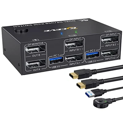 Abbildung von USB 3.0 DP KVM Switch 2 PC Monitore, YOUTINGHDAV Displayport 4K@144Hz, 1.4 Dual Monitor, Monitore für 4 Geräte Maus Tastatur, mit und Kabel