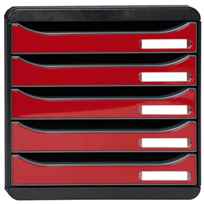 Abbildung von Exacompta 3097218D Premium Ablagebox mit 5 Schubladen für DIN A4+ Dokumente. Stapelbare Schubladenbox hoher Kapazität mehr Platz auf dem Schreibtisch Big Box Iderama SchwarzKarminrot