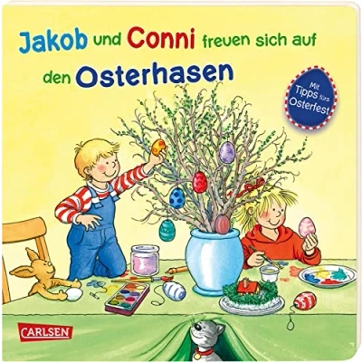 Abbildung von Jakob und Conni freuen sich auf den Osterhasen: Pappbilderbuch für Kinder ab 2 Jahren mit Bastel Ideen, Suchbildern Tipps rund um Ostern zum gemeinsamen Lesen Entdecken