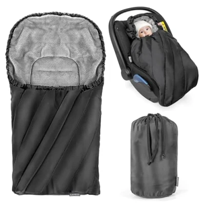 Abbildung von Zamboo Universal Fußsack für Babyschale Baby Winterfußsack aus weichem Thermo Fleece mit Gurtschlitzen, Kapuze und Tasche Schwarz