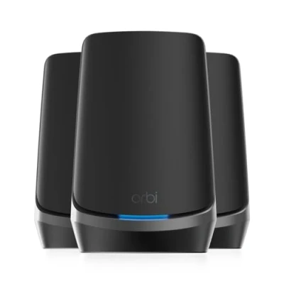 Abbildung von NETGEAR Orbi WiFi 6E Mesh Quad Band WLAN System (RBKE963B) Router mit 2 Satelliten Abdeckung bis zu 600 m² und 200 Geräte 10,8 GBit/s (AXE11000) einfache App Installation
