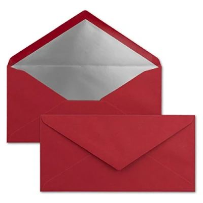 Abbildung von 25 Brief Umschläge DIN Lang Dunkel Rot mit Silber Metallic Innen Futter 110 x 220 mm Nassklebung festliche Kuverts für Weihnachten