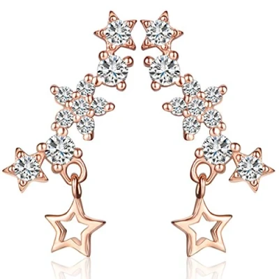 Abbildung von Yumilok Roségold 925 Sterling Silber Zirkonia Sterne Ohrklemme Ohrstecker Ohrhänger Ohrringe Ohrschmuck Ear Cuffs für Damen Frauen Mädchen