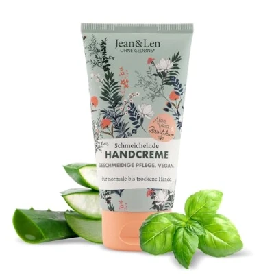 Abbildung von Jean &amp; Len Schmeichelnde Handcreme Aloe Vera Basilikum, Handpflege für normale bis trockene Hände, pflegt intensiv, ohne Parabene und Silikone, vegan, Tube, 75 ml