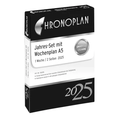 Abbildung von Chronoplan 50295 Kalendereinlage 2025 (Jahres Set A5 (148x210mm), Ersatzkalendarium für Terminplaner, Wochenplaner, detaillierte Wochenplanung, 1 Woche auf 2 Seiten, mit Universallochung) weiß
