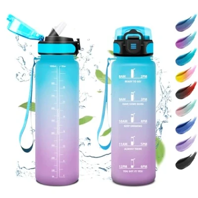 Abbildung von Trinkflasche 1L, Wasserflasche Sport mit Strohhalm, Auslaufsicher Kohlensäure Geeignet, Motivierende Zeitmarkierung, Sportflasche für Yoga, Schule, Camping, Fahrrad, Büro
