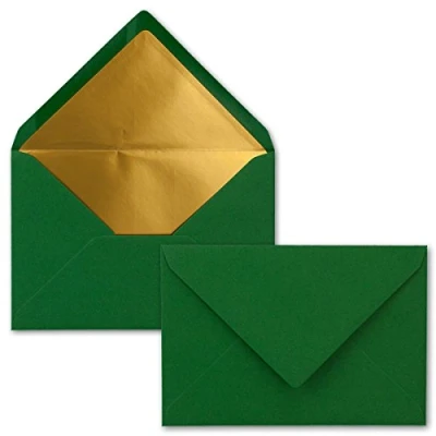 Abbildung von Kuverts in Dunkelgrün 10 Stück Brief Umschläge DIN C6 114 x 162 mm 11,4 16,2 cm Naßklebung matte Oberfläche &amp; Gold Metallic Fütterung ohne Fenster für Einladungen