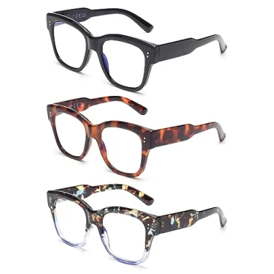 Abbildung von JM 3 Pack Quadratisches Blaues Licht Blockierende Lesebrille, übergroße Computerleser für Frauen Männer +3.0