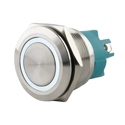 Abbildung von SeKi Edelstahl Drucktaster Ø25mm tastend flacher Kopfform farbig beleuchtetem LED Ring in weiss Schraubanschluss; Klingeltaster