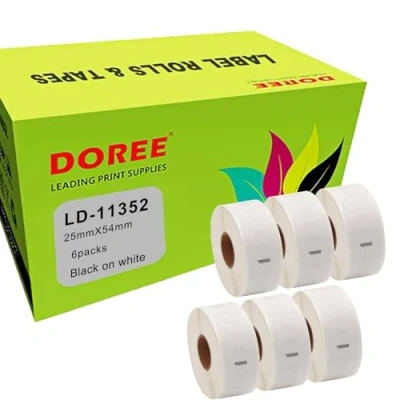 Abbildung von Doree 11352 S0722520 ist ein kleines Etikettenpapier für Barcodes, 25mm x 54mm, kompatibel mit Dymo Labelwriter 4XL 450 400 330 320 310 (500 Etiketten pro Rolle) 6 Rollen.