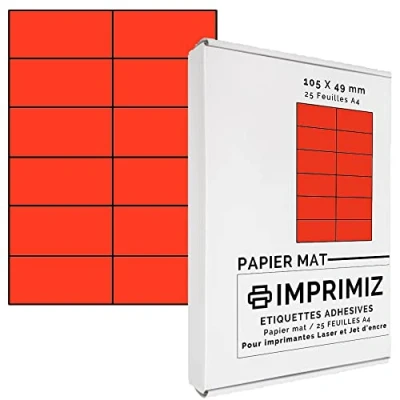 Abbildung von 300 Selbstklebende Etiketten rot Neon von 105 x 49,5 mm 12 Etiketten/Blatt 25 Blatt A4 / Papier matt Farbe Für Inkjet/Laser/Kopier Drucker farbig