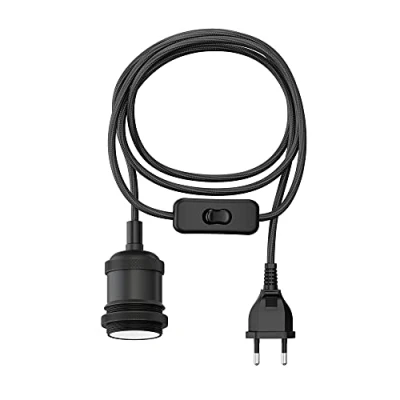 Abbildung von ledscom.de Textilkabel RETRA, Stecker, Schalter, schwarz, 3 m, Lampen Fassung, 1x E27 max. 60W, Kabel, Lampenkabel, Kabellampe, E27, Seil, Pendelleuchte, Vintage, Retro, Lampenfassung