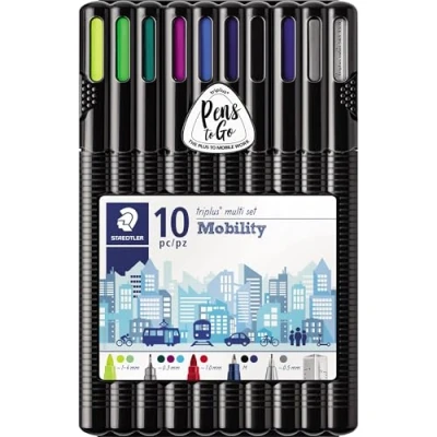 Abbildung von STAEDTLER Schreibset triplus multi set Mobility, enthält Kugelschreiber, Druckbleistift, verschiedene Marker und Lineal, 10 ausgewählte Schreibgeräte in aufstellbarer Box, 34 SB10MS