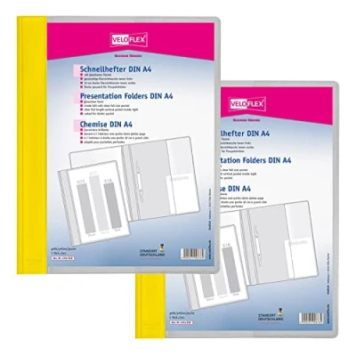 Abbildung von VELOFLEX A474101 Schnellhefter VELOFORM, 2 Stück, DIN A4, gelb, PVC, glasklarer Vorderdeckel, passend für Prospekthüllen