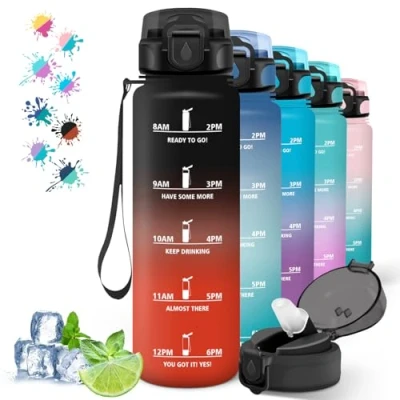 Abbildung von Trinkflasche 1l, mit Strohhalm, Fitnessstudio Zeitmarkierung, für Kohlensäurehaltige Getränke, Kann Dir Tragen, Yoga, Camping, Wandern, Schwarz Rot