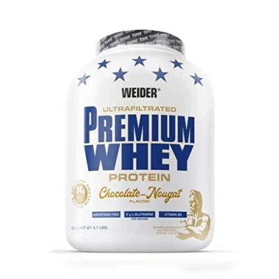 Abbildung von Weider Premium Whey Protein Pulver Hoher Proteingehalt, wenig Kohlenhydrate &amp; Fett mit L Glutamin und Vitamin B6 2,3kg Schoko Nougat