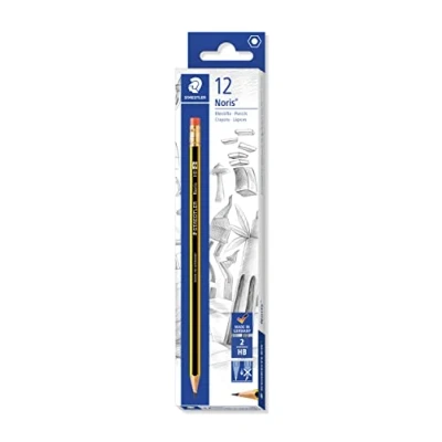 Abbildung von STAEDTLER Bleistifte mit Radiergummi Noris, Härtegrad HB, sechskantformat, hohe Bruchfestigkeit durch spezielle Minenrezeptur und hartverleimte Mine, Set 12 Bleistiften, 122 HB