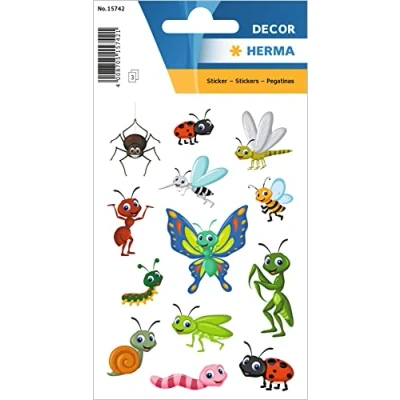 Abbildung von HERMA 15742 Aufkleber Insekten klein, 39 Stück, Tiere Sticker mit Spinne Libelle Raupe Schnecke Marienkäfer Wurm Fliege Motiv, Kinder Etiketten für Fotoalbum Tagebuch Scrapbooking Deko DIY Basteln