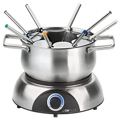 Abbildung von Clatronic® Fondue Set Fonduetopf aus Edelstahl (Ø 18,5 cm) bis zu 1,2 Liter Heizsockel Thermostat (beleuchtet) 8 Fonduegabeln Gabelhalter (abnehmbar) FD 3783