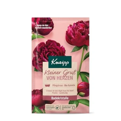 Abbildung von Kneipp Badekristalle Kleiner Gruß von Herzen, Badesalz mit Tiefensalz und der Kombination aus Pfingstrosenextrakt pflegendem Kamelienöl, ein Moment Geborgenheit, 60g