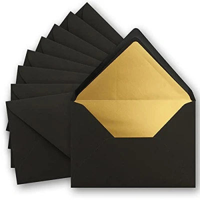 Abbildung von 75x metallic Gold gefütterte Brief Umschläge DIN C5, schwarz 156 x 220 mm Nassklebung mit spitzer Klappe FarbenFroh by GUSTAV NEUSER
