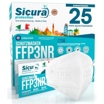 Abbildung von 25x FFP3 Maske CE Zertifiziert Filterklasse BFE ≥99% PFE FFP2 Masken SANITIZIERTE Einzeln versiegelte Atemschutzmaske Hergestellt verpackt in Italien