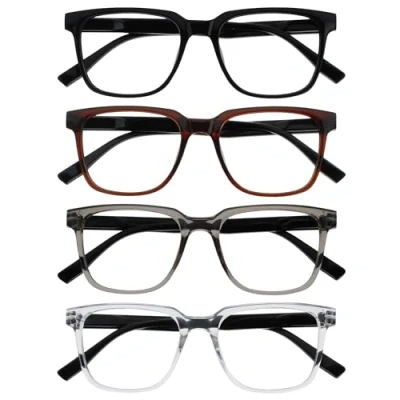 Abbildung von OPULIZE LEO Lesebrille 4er Pack Großes Rechteckiges Gestell Schwarz, Braun, Grau, Klar Herren Damen Federscharniere RRRR55 127C +2.50