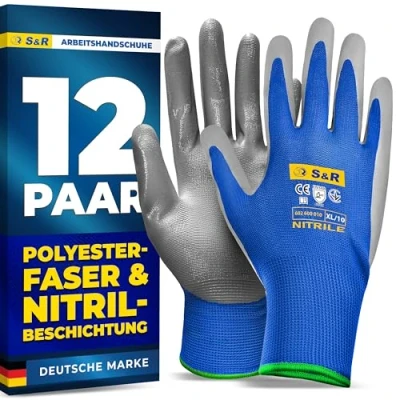 Abbildung von S&amp;R Schutzhandschuhe 12 Paar mit Polyester Futter und Nitrilbeschichtung in XL/10, Anti Rutsch Nitril Arbeitshandschuhe für Montage, Bauen, Restauration