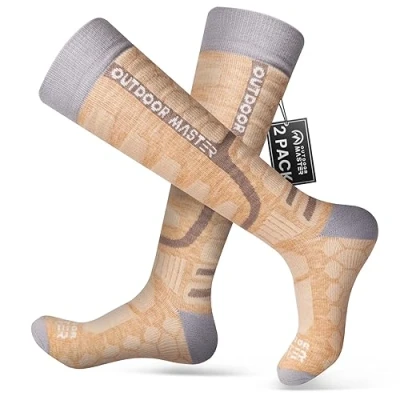 Abbildung von OutdoorMaster 2 Paar Unisex Merinowolle Kompression Skisocken für Damen &amp; Herren, OTC Design/Anti Rutsch Bündchen Atmungsaktive Winter Thermal Socken Snowboarden