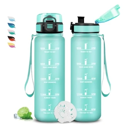 Abbildung von Trinkflasche 1l, Sport, Kohlensäure Geeignet, Auslaufsicher, mit Zeitmarkierung, Leicht zu Reinigen, Flasche Erwachsene für Fitness, Schule, Büro