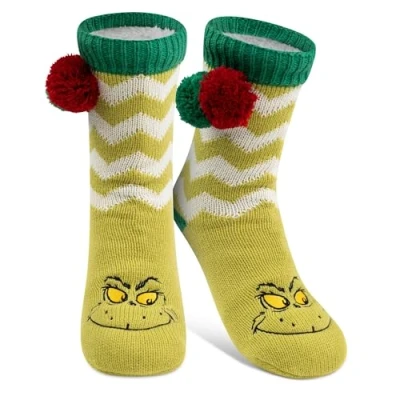Abbildung von United Labels The Grinch Hüttensocken Haussocken mit Bommel &amp; Sherpa Futter für Damen Kuschelsocken Flauschige Wintersocken warme Frauen Socken OneSize Grün