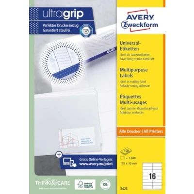 Abbildung von AVERY Zweckform 3423 Adressaufkleber (1.600 Klebeetiketten, 105x35mm auf A4, Papier matt, individuell bedruckbare Absenderetiketten, selbstklebende Adressetiketten mit ultragrip) 100 Blatt, weiß