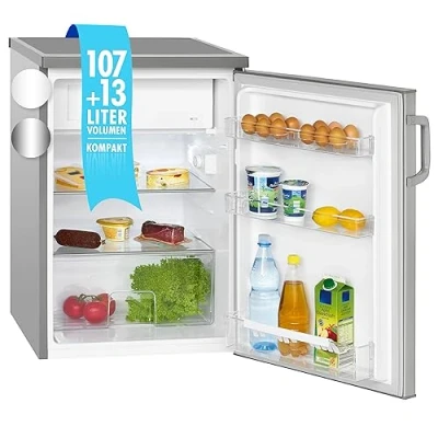 Abbildung von Bomann Kühlschrank mit Gefrierfach Getränkekühlschrank 120L Nutzinhalt und 2 Glasablagen Türanschlag wechselbar kleiner stufenloser Temperaturregelung KS 2194.1 inox