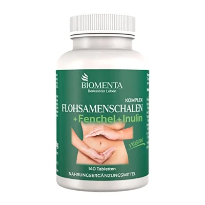 Abbildung von BIOMENTA Flohsamenschalen Komplex 140 hochdosierte, vegane Tabletten mit Ballaststoffen und Pflanzenextrakten Premiumqualität
