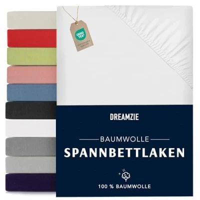 Abbildung von Dreamzie Spannbettlaken 90x190/200cm Baumwolle Oeko Tex Zertifiziert Weiß 100% Jersey Spannbetttuch 90x190/200