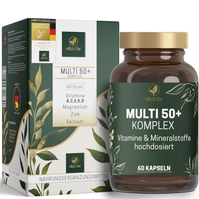 Abbildung von VITACTIV Mutli 50 plus Multivitamin Komplex Menschen ab Vitamine, Mineralien, Spurenelemente Vitamin B, C, E, K, D, Magnesium, Kalzium, Zink Hochdosiert, Hormonfrei, ohne Jod 60 Kapseln
