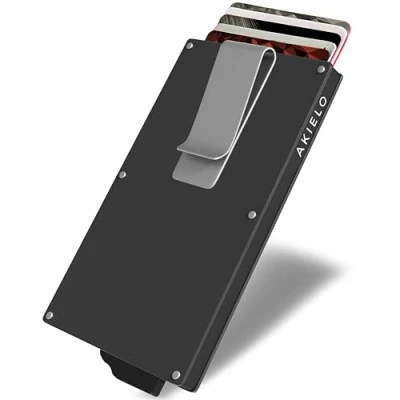 Abbildung von AKIELO Kartenetui mit RFID Schutz, Geldklammer und Geschenkbox Minimalistische Geldbörse Herren Kompakte Wallet Kontaktloser Kreditkartenschutz (Alpha Titan Ausgabe Geldklammer)