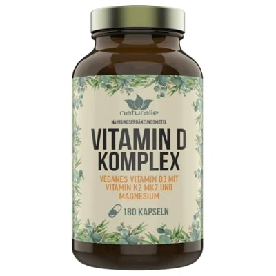 Abbildung von naturalie® Vitamin D PLUS D3 + K2 MK7 (K2VITAL®) und Magnesium Kapseln vegan ohne unnötige Zusatzstoffe 180 im Braunglas kein Plastik schadstoffgeprüft