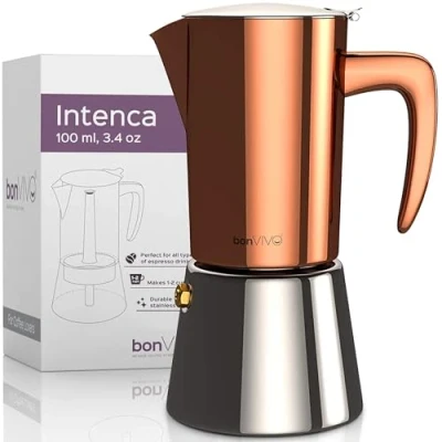 Abbildung von bonVIVO Espressokocher Induktion geeignet Edelstahl Kaffeekocher in Kupfer Optik m. Wasserkessel u. Sieb Mokkakanne 2 Tassen 100 ml Weihnachtsgeschenke für den Haushalt