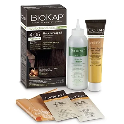 Abbildung von BIOKAP RAPID Permanente Haarfarbe 4.05 Schoko Kastanienbraun NUR 10 MINUTEN EINWIRKZEIT Bio Arganöl TricoREPAIR Komplex VEGAN Optimale Grauabdeckung Bis zu 80% natürliche Inhaltsstoffe