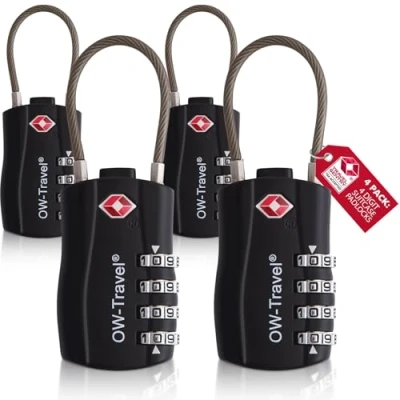 Abbildung von OW Travel Kabelschloss 4 Stellig Zahlenschloss Kofferschloss Vorhängeschloss Gepäckschloss Sicherheitsschloss TSA Lock Cable USA Schloss Zahlencode für Reisekoffer Spind Rucksack Luggage:4 Schwarz