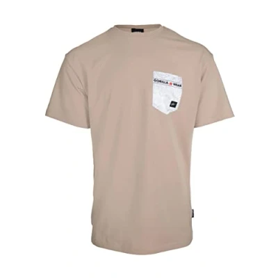 Abbildung von Gorilla Wear Dover Oversized T Shirt beige hochwertig aus robustem und dehnbarem Stoff für Bodybuilding Fitness übergroße Passform Brusttasche, XXL