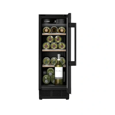 Abbildung von Bosch KUW20VHF0 Serie 6 Weinkühlschrank, 82 x 30 cm, 21 Flaschen, Temperatur: 5 20 C, eine Temperaturzone, 58 L, LED Beleuchtung gleichmäßige Ausleuchtung, ausschaltbares Präsenterlicht