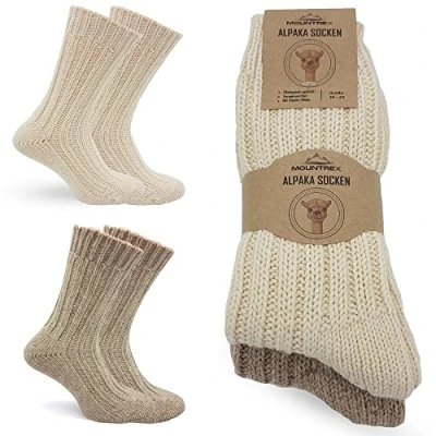 Abbildung von MOUNTREX Alpaka Socken, Wollsocken für Damen, Herren Stricksocken 2 Paar, Ecru/Beige (Dick wie gestrickt), 35 38