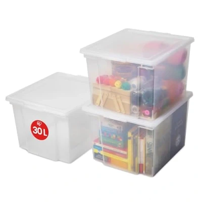 Abbildung von Iris Ohyama Vielseitige Aufbewahrungsboxen, 30L, 3er Set, Transparent, Leicht schließba Deckel, Stapelbar, Plastik, Für Schrank, Regale, Organisation, Kleidung, Bettlaken, Garage, USB M