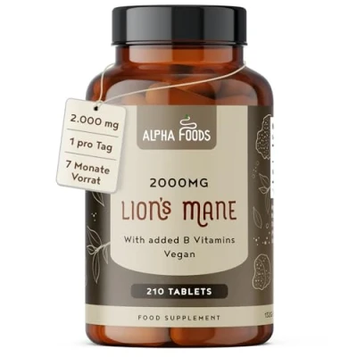 Abbildung von Lions Mane Mushroom Löwenmähne Pilz Komplex 210 Tabletten Hericium Erinaceus 12:1 Extrakt 2000mg Tagesdosis mit schwarzem Pfeffer + Vitamin B1 B2 B3 B5 B6 Vegan Alpha Foods